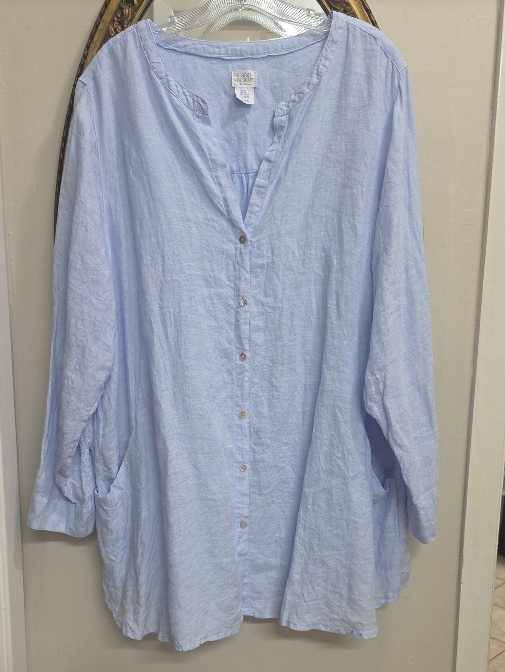 Sigrid Olsen Light Blue Linen Button-Front Womens Tunic SZ 2X Pockets